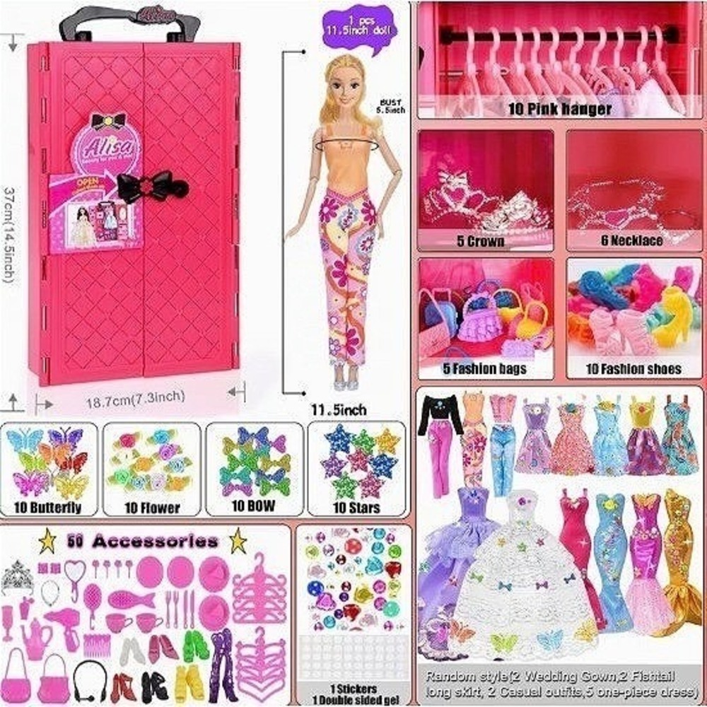 139 Piece Fashion Doll + Clothing Barbie Style Outfits Wardrobe Closet DYI Set